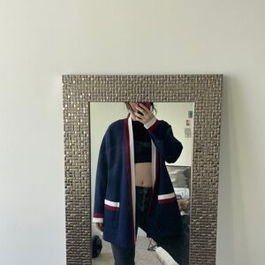 Sandro Navy and Burgundy Cardigan with White Trim
